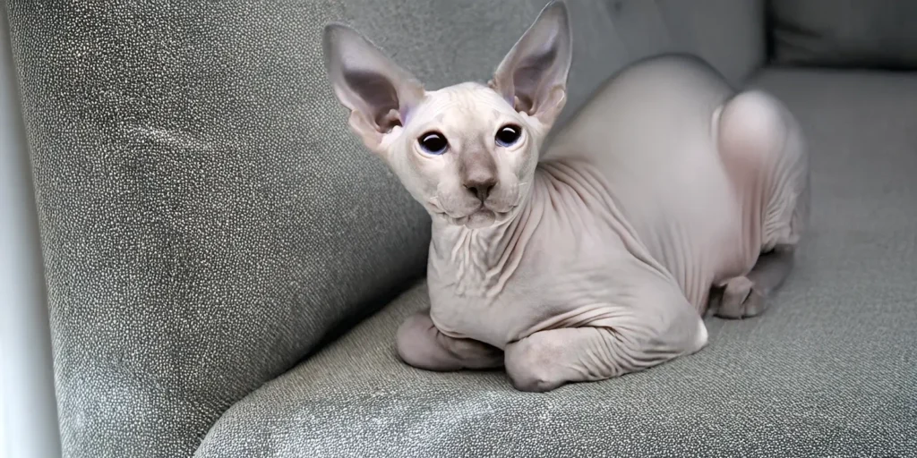 Vaalea peterbald sohvalla
