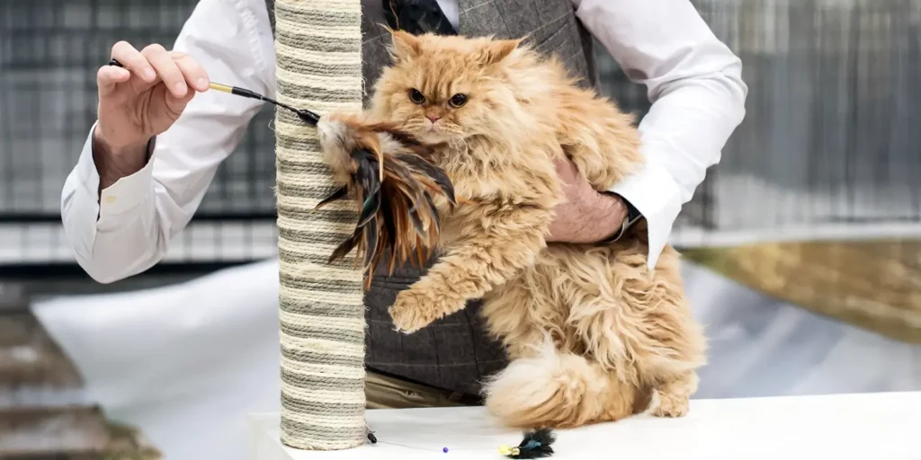 Selkirk rex kissanäyttelyn pöydällä raapimispuun vieressä